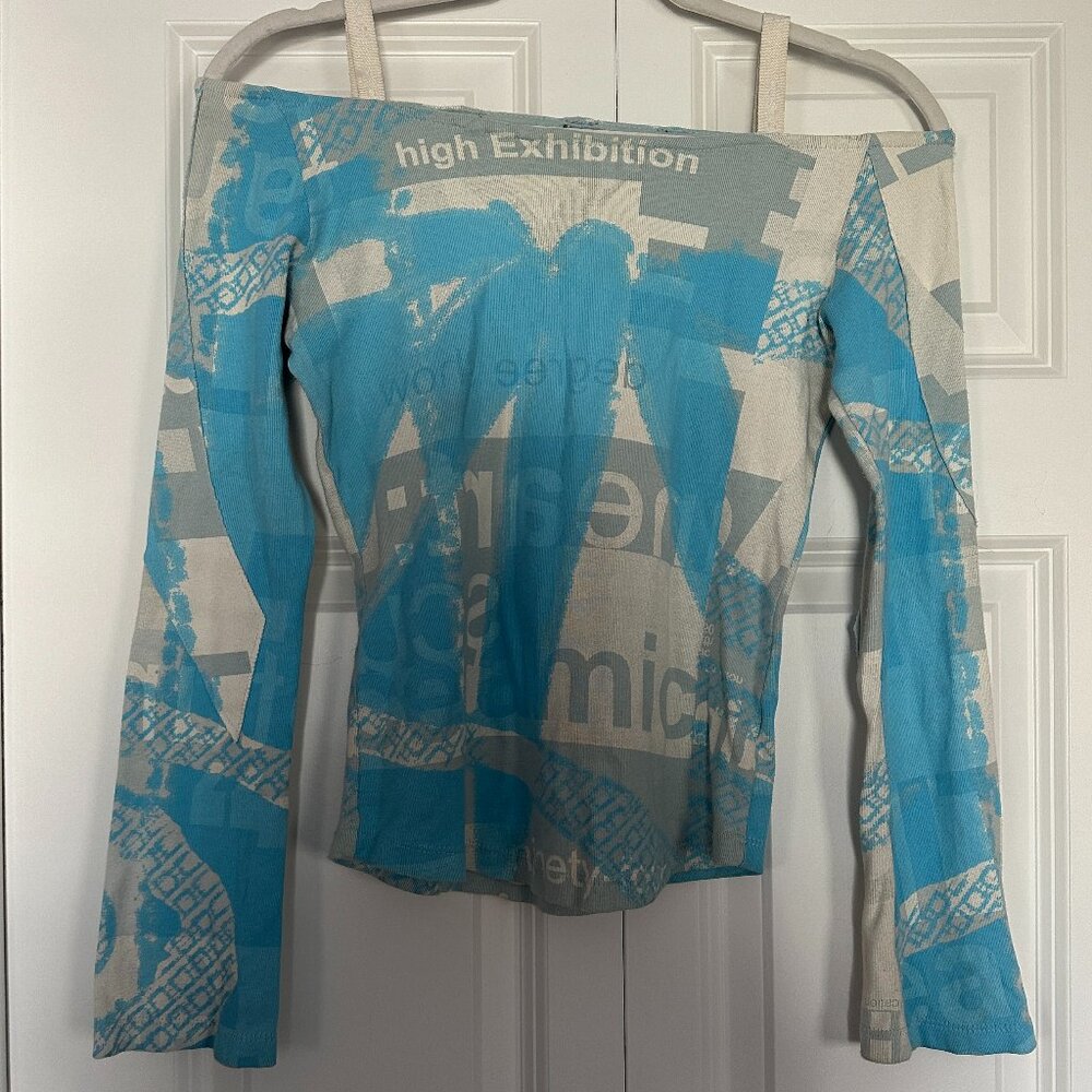 RARE Custo Barcelona Blue and Gray Graphic Off-Shoulder Long Sleeve Top - Picture 3 of 5